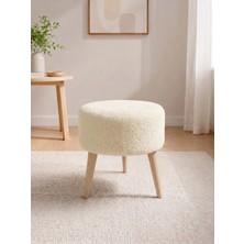 Azra Mobilya Krem Welsoft Kumaş Yuvarlak Puf Ahşap Ayaklı Demonte Modern Puf Tabure 40X42 cm