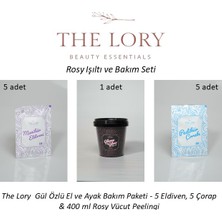The Lory Gül Özlü El ve Ayak Bakım Paketi - 5 Eldiven, 5 Çorap & 400 ml Rosy Vücut Peelingi
