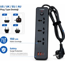 CoverZone 6in1 Power Strip 2500W Akım Korumalı Çoklu Priz, 3 Ac Outlet, 2x QC18W Usb-A, PD30W Usb-C Hızlı Şarj, 150 cm Kablolu Universal Çoklayıcı Priz | XK-MULTI02