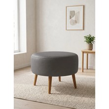 Azra Mobilya Modern Gri Deri Puf Yuvarlak Oturma Pufu Ahşap Ceviz Ayaklı Demonte 60X46 cm