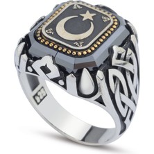 Innuendo Jewelry 925 Ayar Gümüş Ay Yıldız Motifli Kayı Boyu Desenli Erkek Yüzük