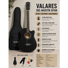 Valares 38C Siyah Kesik Kasa 38 Inç Akustik Gitar Sap Ayarlı Kılıf Askı Pena Hediyeli