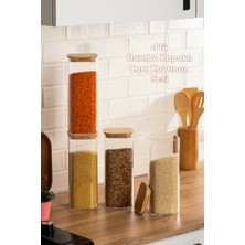 Porsima 7-4 Bambu Vakumlu Kapaklı Kare Borsilikat Cam 4lü Kavanoz Seti Saklama Kabı 1900ML 9,5X27CM