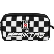Beşiktaş Orijinal Lisanslı Siyah Kare Desenli Kalemlik - Çift Bölmeli Rubber Logolu Okul Kalem Çantası