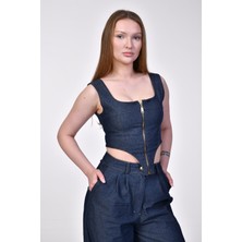 Bebe Plus Fermuarlı Denim Büstiyer  - Mavi Mavi - S