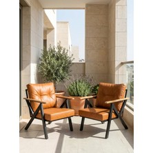 Azra Mobilya Taba Venedik Model 2 Adet Balkon Berjer Takımı Siyah Metal Iskelet Deri Kumaş Modern Bahçe Teras Koltuğu