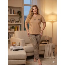 Asel Büyük Beden Leopar Desen Kısa Kollu Likralı Penye Pijama Takımı