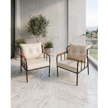 Azra Mobilya Paris Model 2 Adet Krem Balkon Berjeri Takımı Siyah Metal Iskelet Deri Kumaş Fermuarlı Yıkanabilir Minder Kurulu Gönderim