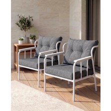 Azra Mobilya Paris Metal Iskeletli Gri Keten Dokulu Balkon Bahçe Berjeri 2’li Set Beyaz Gövde Modern Tekli Koltuk