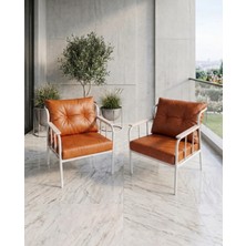 Azra Mobilya Paris Model 2 Adet Taba Balkon Berjeri Takımı Beyaz Metal Iskelet Deri Kumaş Fermuarlı Yıkanabilir Minder Kurulu Gönderim