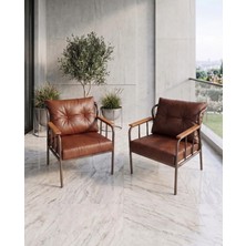 Azra Mobilya Paris Model 2 Adet Acı Kahve Balkon Berjeri Takımı Cappucino Metal Iskelet Deri Kumaş Fermuarlı Yıkanabilir Minder Kurulu Gönderim