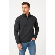 Moda Loris Erkek Dik Yaka Sweatshirt Dik Yaka Yarım Fermuarlı 3 Iplik Şardonlu Pamuk Kumaş - Antrasit