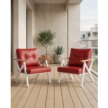 Azra Mobilya Kırmızı Venedik Model 2 Adet Balkon Berjer Takımı Beyaz Metal Iskelet Deri Kumaş Modern Bahçe Teras Koltuğu