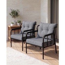 Azra Mobilya Paris Metal Iskeletli Gri Keten Dokulu Balkon Bahçe Berjeri 2’li Set Siyah Gövde Modern Tekli Koltuk