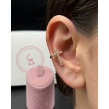 Alsem 925 Ayar Gümüş Kaplama Zirkon Taşlı Haç Figürlü Earcuff Küpe , Haç Detaylı Kıkırdak Küpe