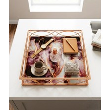 Le Paon 30 cm Dekoratif Lüks Tepsi - Mermer Desenli Rose Gold Metal Organizer, Söz Nişan Tepsisi, Sunum Tepsisi
