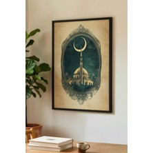 Zevahir Mobilya Dekorasyon Gece Gökyüzü Altında Cami ve Ay Motif Tekli Ahşap Tablo Siyah Ahşap Çerçeveli Ev ve Iş Yeri Tablosu