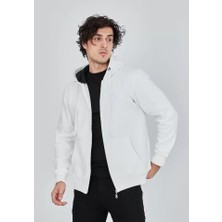 Moda Loris Unisex Tam Fermuarlı Kapşonlu  Sweatshirt - Beyaz