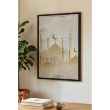 Zevahir Mobilya Dekorasyon Minimalist Altın Renkli Cami Silüeti Tekli Ahşap Tablo Siyah Ahşap Çerçeveli Ev ve Iş Yeri Tablosu