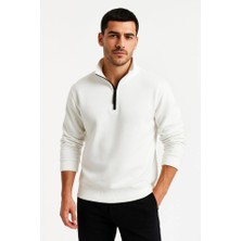 Moda Loris Erkek Dik Yaka Sweatshirt Dik Yaka Yarım Fermuarlı 3 Iplik Şardonlu Pamuk Kumaş - Beyaz