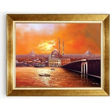 Tablore Istanbul Gün Batımı Galata Köprüsü ve Cami Tasarımlı Altın Çerçeveli Kanvas Tablo