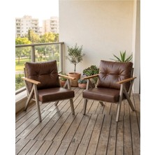 Azra Mobilya Acı Kahve Venedik Model 2 Adet Balkon Berjer Takımı Cappucino Metal Iskelet Deri Kumaş Modern Bahçe Teras Koltuğu
