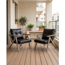 Azra Mobilya Siyah Venedik Model 2 Adet Balkon Berjer Takımı Cappucino Metal Iskelet Deri Kumaş Modern Bahçe Teras Koltuğu