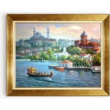 Tablore Istanbul Boğazı Tarihi Saltanat Kayığı ve Camii Manzaralı Altın Çerçeveli Tablo
