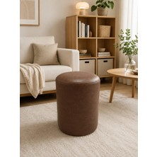 Azra Mobilya Acı Kahve Deri Puf 40X50 cm Silindir Tasarım Dekoratif Oturma Pufu Salon Yatak Odası Antre