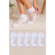Hitit Socks Kadın 5 Çift Beyaz Premium Kalite File Tasarım Bilek Çorabı Nefes Alan Yapı