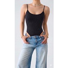 Sibel Günay Butik Siyah Taş Detaylı Likralı Kadın Bodysuit | Ayarlanabilir Ince Askılı