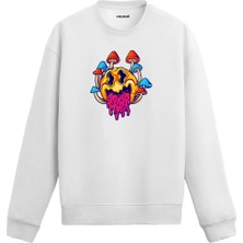 Colermi Renkli Mantarlar ve Eriyen Yüz Tasarımlı Sweatshirt