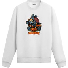Colermi Süpürgeli Cadı ve Kabak Tasarımlı Cadılar Bayramı Sweatshirt