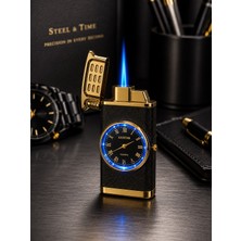 Hediye Filesi Saatli Gazlı Jet Çakmak Gold / Füme – LED Işıklı Turbo Alevli - Dolu Gönderim - Premium Hediye