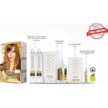 Defne Store Maxx Deluxe Serisi 24K Altın Parçacıklı Serum ile 1 Kutu 2 x 50 ml ve Geliştiriciler Saç Boyası (Karamel 8.73)
