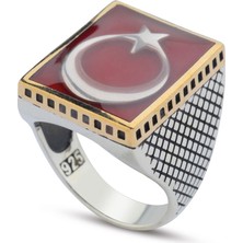 Innuendo Jewelry 925 Ayar Gümüş Kırmızı Mineli Türk Bayrağı Erkek Yüzük