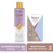 Defne Store Clinical Protection Kadın Stick Deodorant Shower Clean 45 ml + Clear Scalpceuticals Saç Bakım Şampuanı Saç Dökülmesine Karşı 300 ml