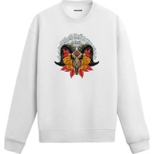 Colermi Boynuzlu Kurukafa Baskılı Sweatshirt Etnik Yaprak Detaylı