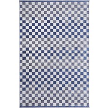 Pera Halı Mavi Beyaz Modern Geometrik Dama Desenli Yıkanabilir Halı - YO30035XF