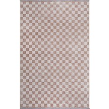 Pera Halı Bej Beyaz Modern Geometrik Dama Desenli Yıkanabilir Halı YO30035XH