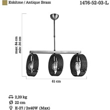 Defne Store Maya Üçlü Sıralı Ahşaplı Antik Avize 3 x E27