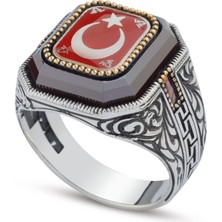 Innuendo Jewelry 925 Ayar Gümüş Kırmızı Mineli Ay Yıldız Motifli Kayı Boyu Erkek Yüzük