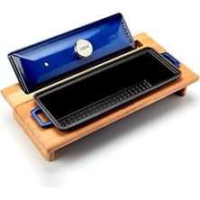 Defne Store Lava Döküm Ekmek Kabı ve Ahşap Standı, 11X29CM, Mavi