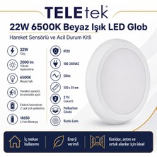 Teletek 22W 6500K Beyaz Işık LED Glob Hareket Sensörlü ve Acil Durum Kitli Beyaz Armatür Ip 20 2000LM