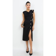 Valerian Moda Degaje Yaka Yırtmaçlı Midi Elbise