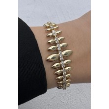 Leo'Stone Kararmaz Renk Atmaz cm Jewelry Gold Renk Yaprak Form Zirkon Taşlı Kadın Çelik Bileklik Altın