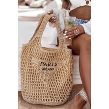Fashion Cocktail Çift Kalın Askılı Paris Milano Astarlı Fermuarlı Iç Cepli Yazlık Tatil Plaj Büyük Boy Hasır Çanta
