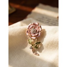 Meneva Aksesuar Vintage Tarzı Pudra Pembe Mineli ve Kristal Taşlı Çiçek Broş