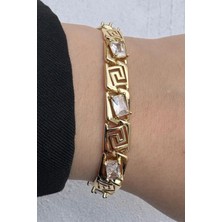 Leo'Stone Kararmaz Renk Atmaz 14K Gold Renk Vintage Greek Desenli Baget Taşlı Kadın Çelik Bileklik Altın