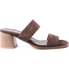 Tuna Hakiki Süet Deri Kahverengi Topuklu Kadın Terlik - RGN3120